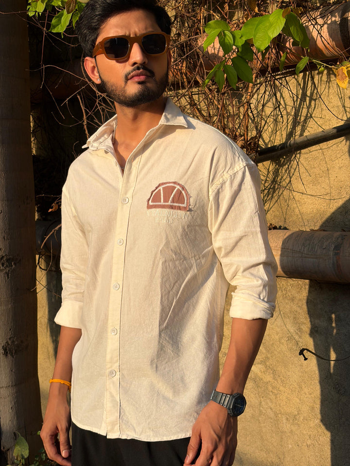 100% Linen Cotton Ivory Embroidery Pattern Relax Fit Shirt