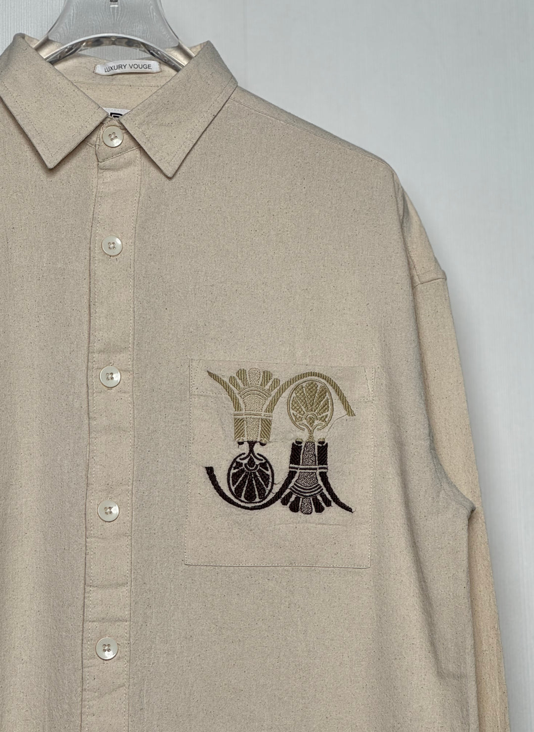 100% Linen Cotton Beige Egyptian Embroidery Relax Fit Shirt