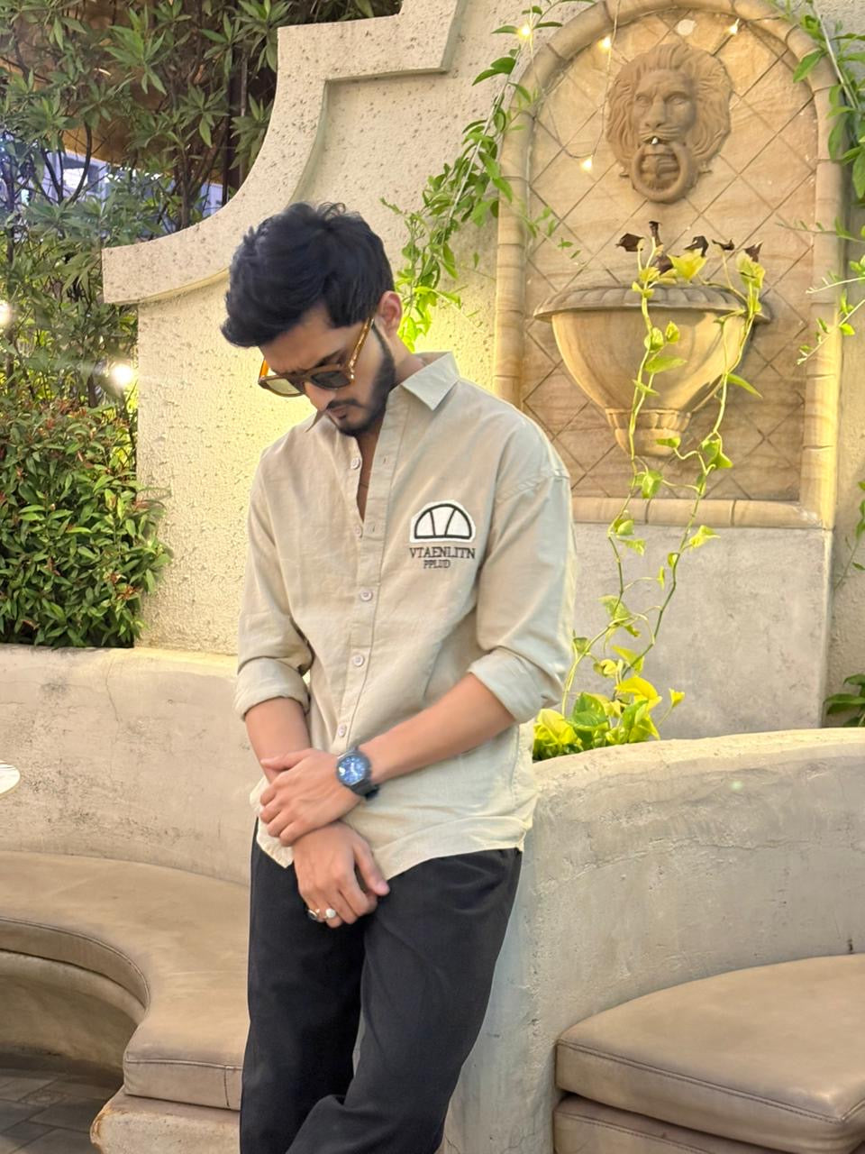 100% Linen Cotton Khaki Embroidery Pattern Relax Fit Shirt