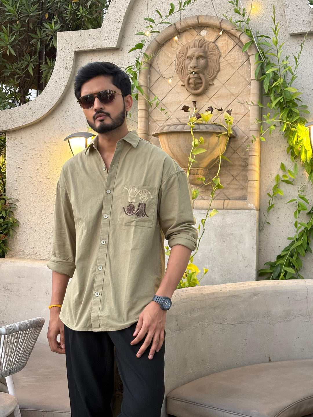 100% Linen Cotton Olive Egyptian Embroidery Relax Fit Shirt