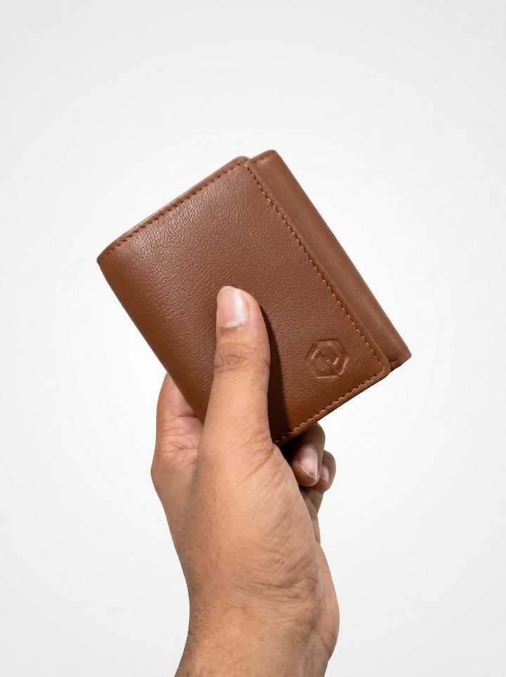 Premium Compact Leather Trifold Wallet – Brown