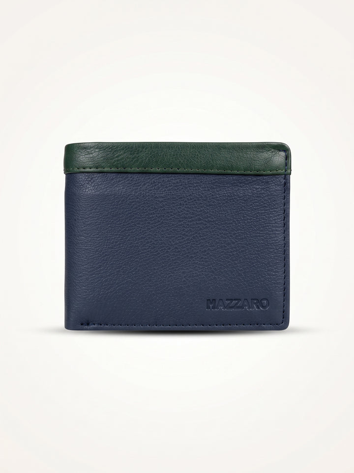Two-Tone Genuine Leather Wallet with Zipper Coin Pocket - Brown & Navy Blue