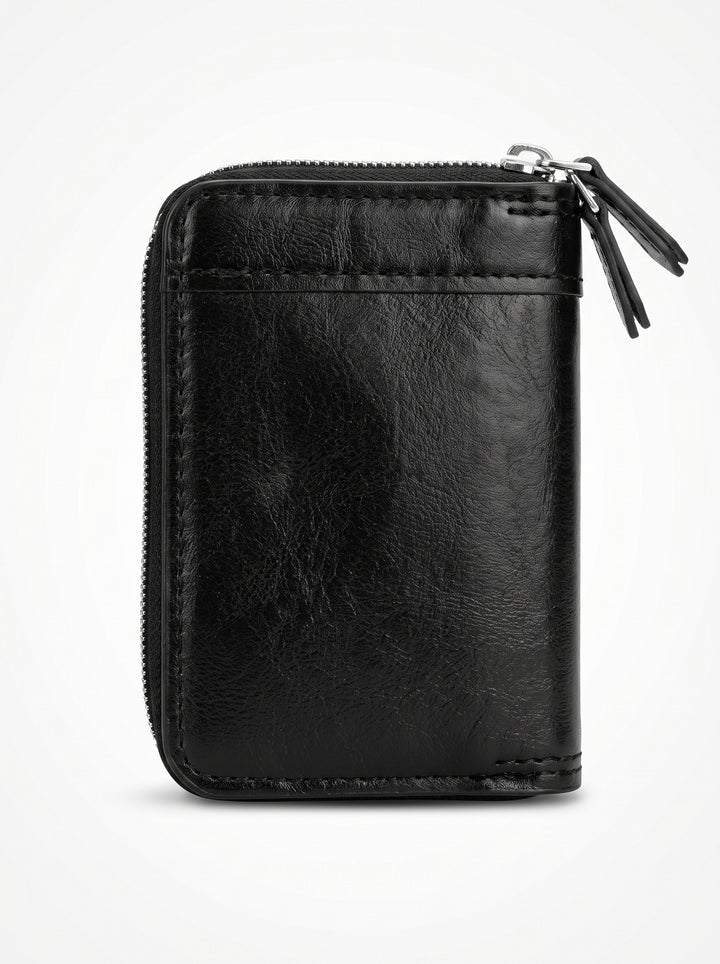 High-Capacity Hybrid Zip & Snap Leather Wallet – Classic Black