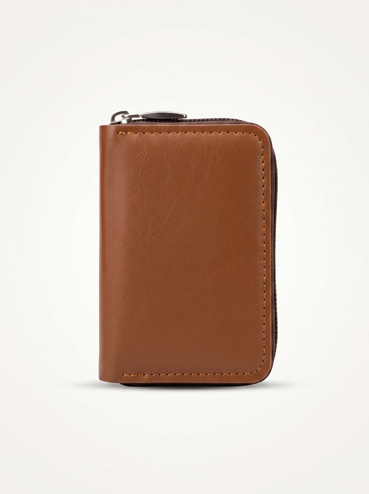 Coffee Brown Premium Tan Zip-Around Accordion Card Wallet | Secure & Compact