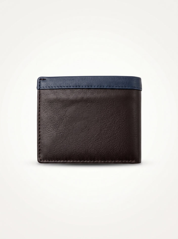 Two-Tone Genuine Leather Wallet with Zipper Coin Pocket - Brown & Navy Blue