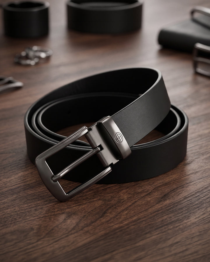 Premium Smooth Black Leather Dress Belt – Gunmetal Buckle