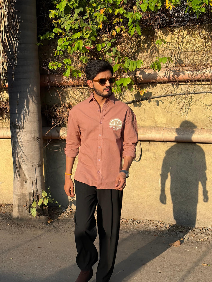 100% Linen Cotton Dusty Rose Embroidery Pattern Relax Fit Shirt