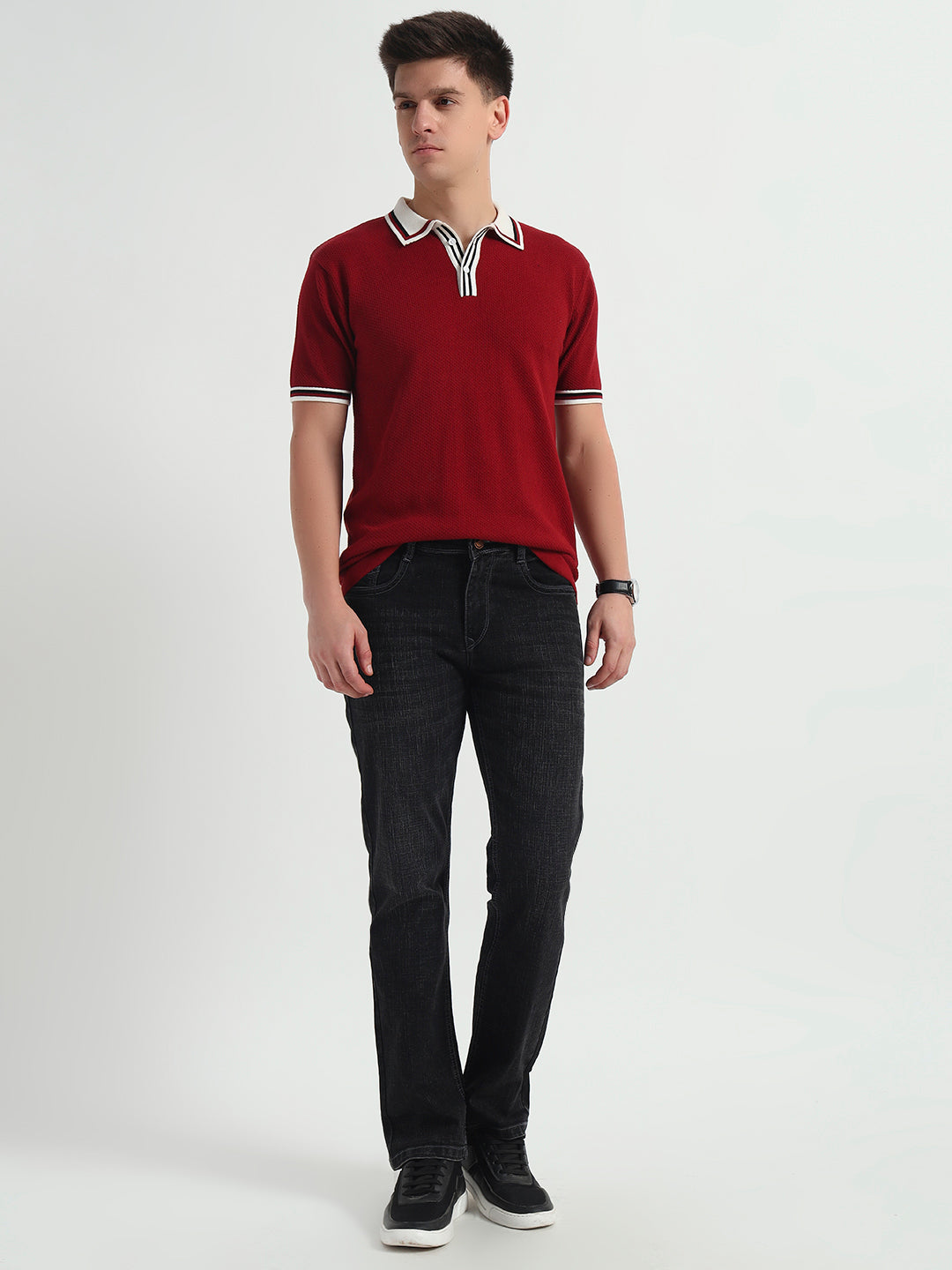 Crimson Red Retro Tipped Collar Knit Polo Tee
