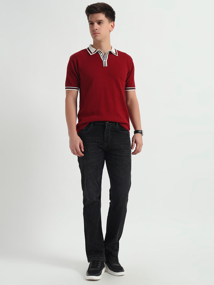 Crimson Red Retro Tipped Collar Knit Polo Tee
