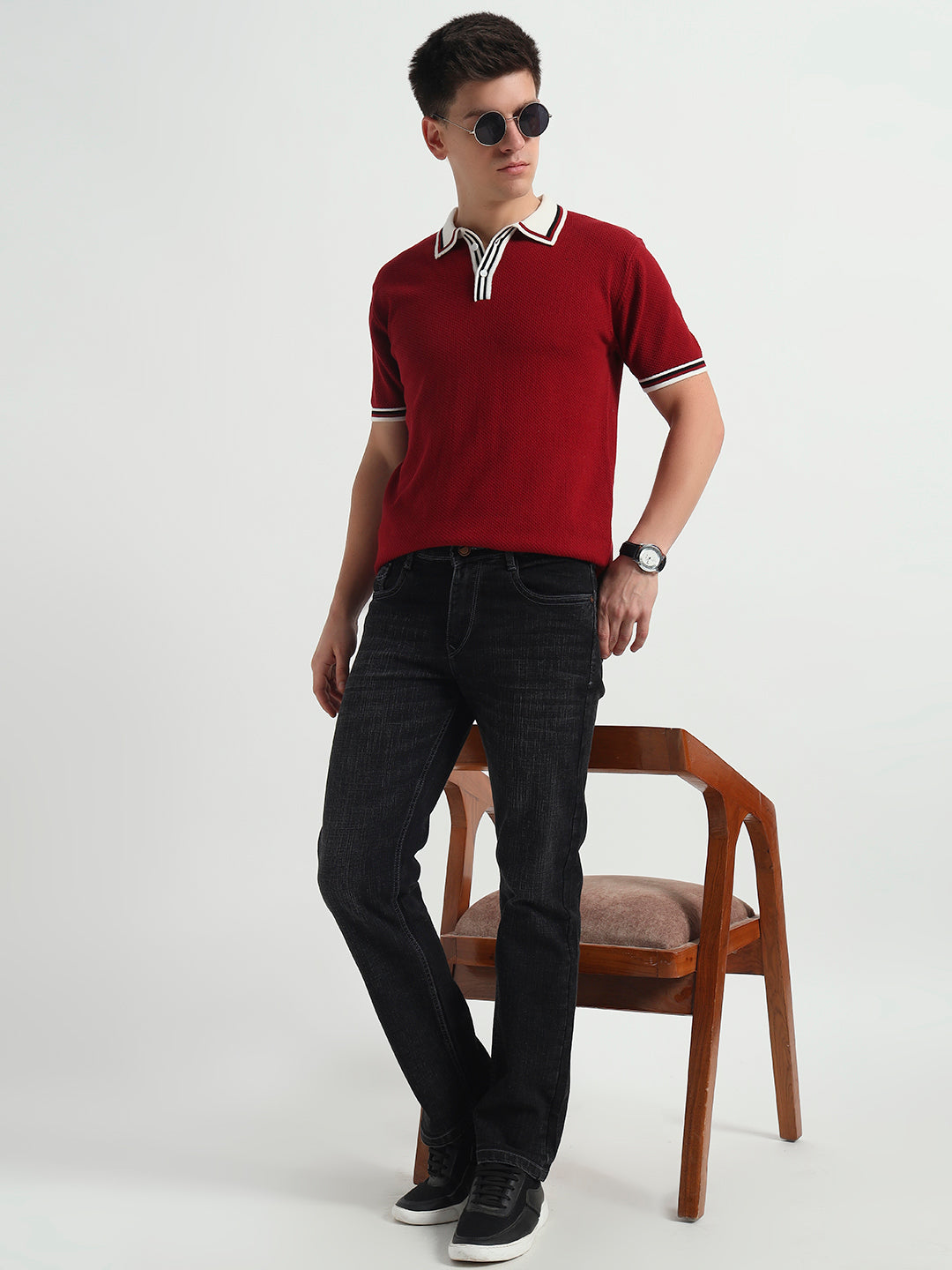 Crimson Red Retro Tipped Collar Knit Polo Tee