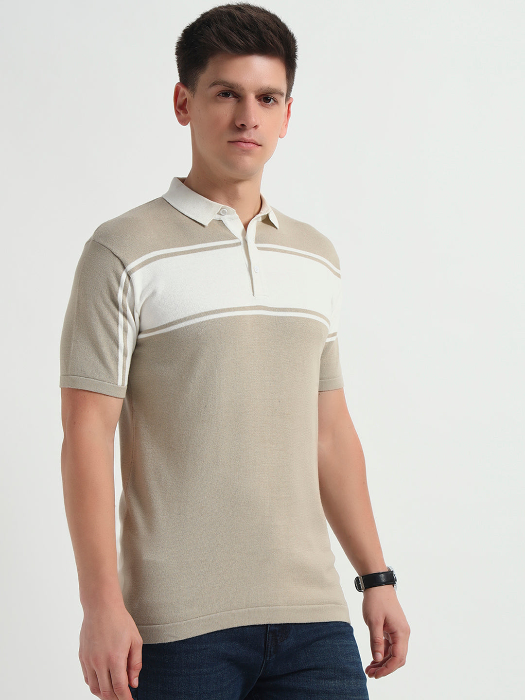 Sandstone Striped Knit Textured Polo Tee