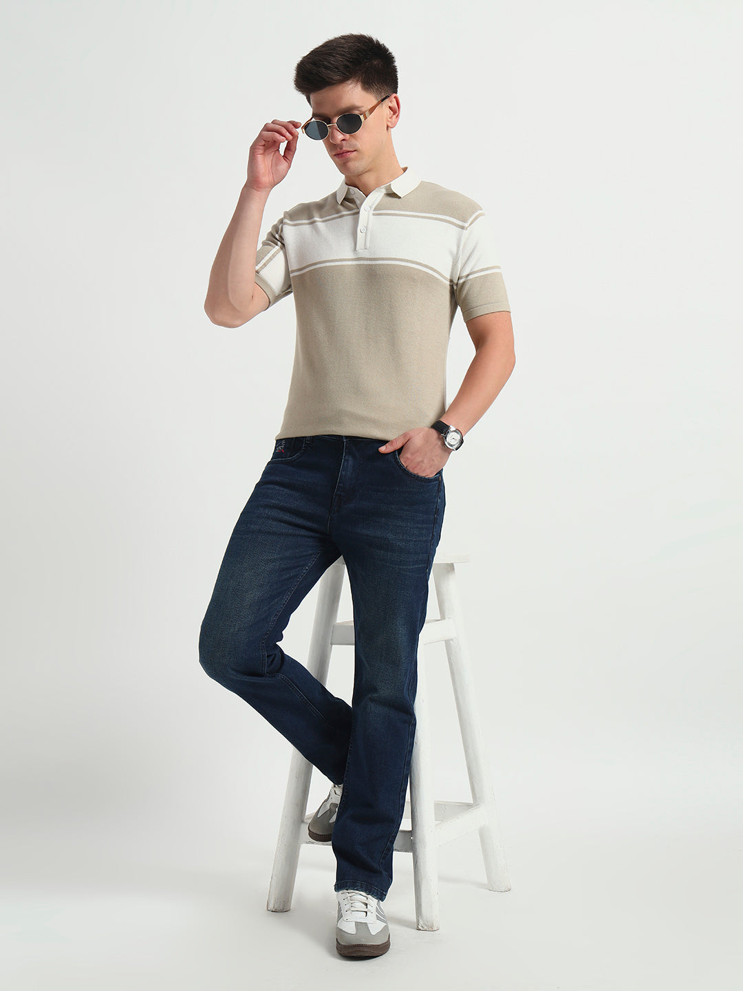 Sandstone Striped Knit Textured Polo Tee