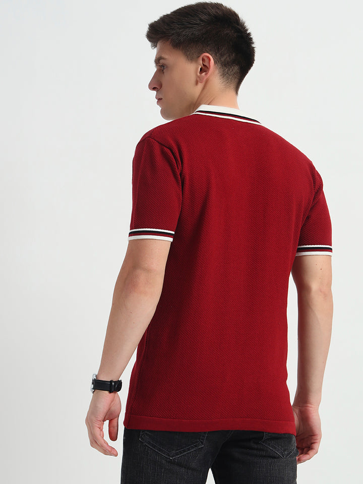 Crimson Red Retro Tipped Collar Knit Polo Tee
