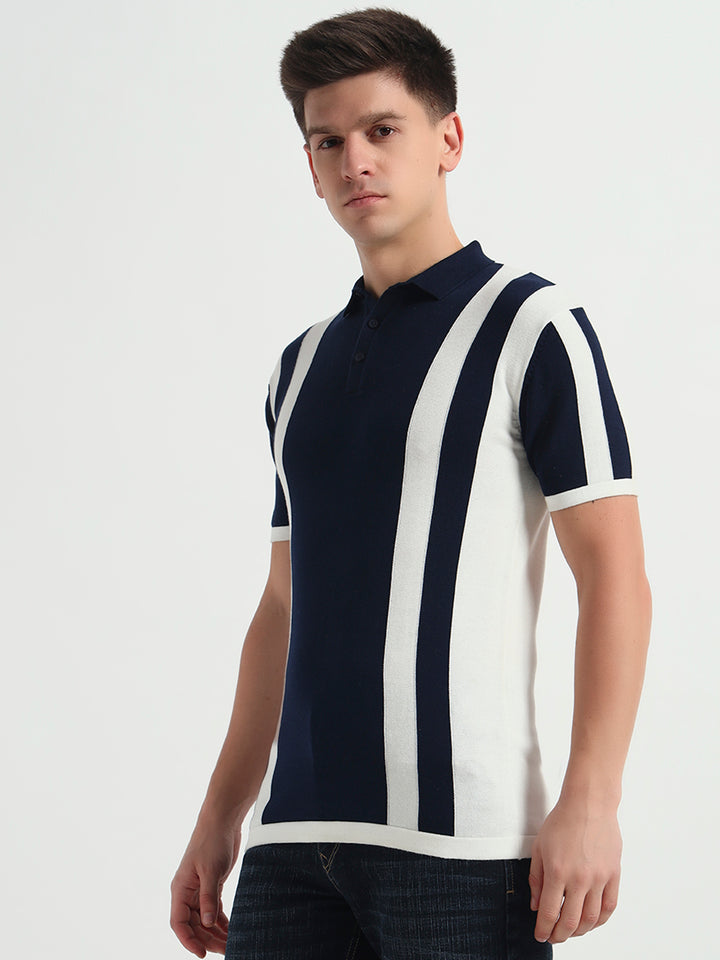 Navy Stride Vertical Knit Textured Fabric Polo