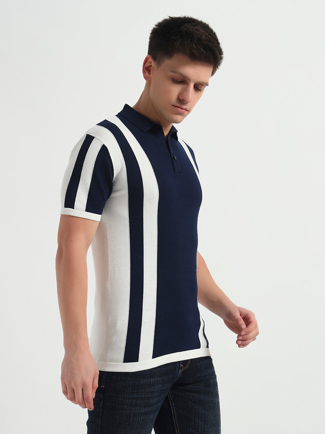 Navy Stride Vertical Knit Textured Fabric Polo