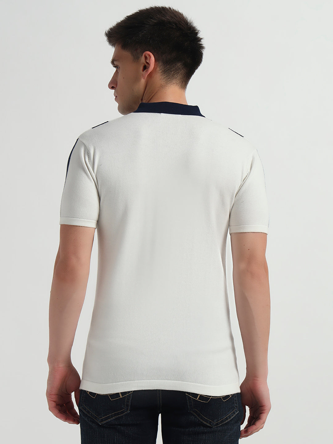 Navy Stride Vertical Knit Textured Fabric Polo
