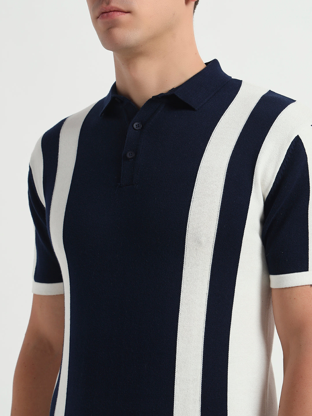 Navy Stride Vertical Knit Textured Fabric Polo