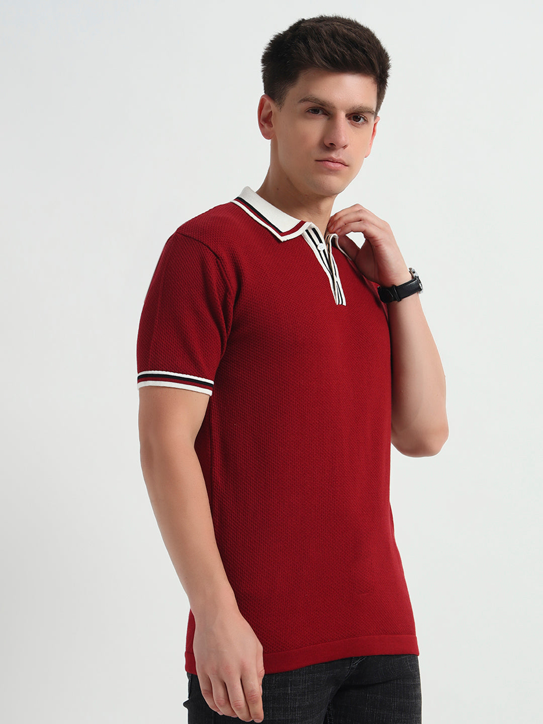 Crimson Red Retro Tipped Collar Knit Polo Tee