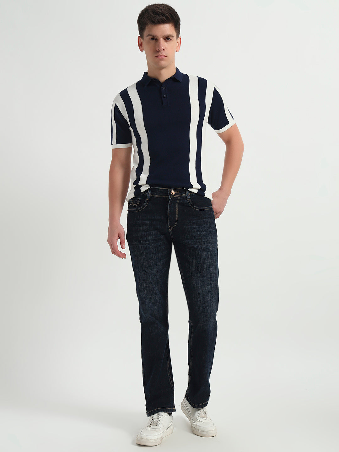 Navy Stride Vertical Knit Textured Fabric Polo