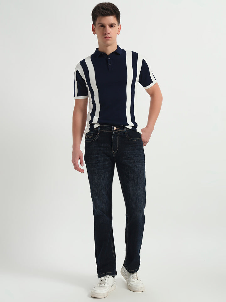 Navy Stride Vertical Knit Textured Fabric Polo
