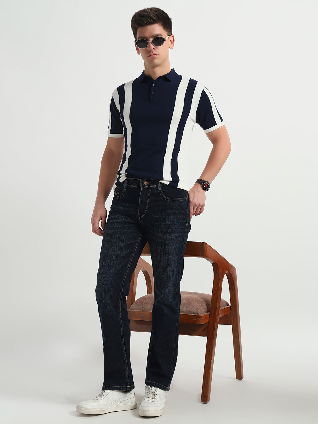 Navy Stride Vertical Knit Textured Fabric Polo