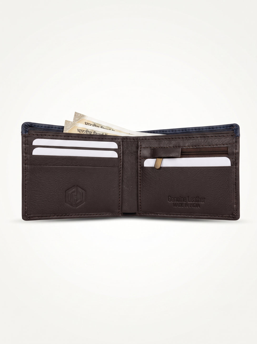 Two-Tone Genuine Leather Wallet with Zipper Coin Pocket - Brown & Navy Blue