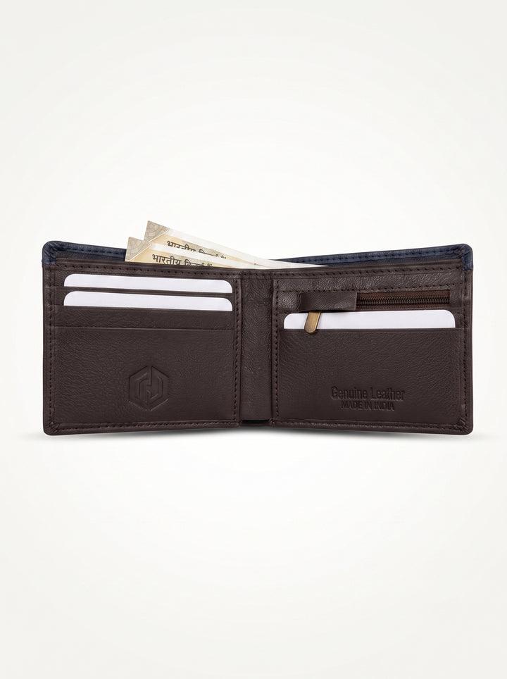Two-Tone Genuine Leather Wallet with Zipper Coin Pocket - Brown & Navy Blue