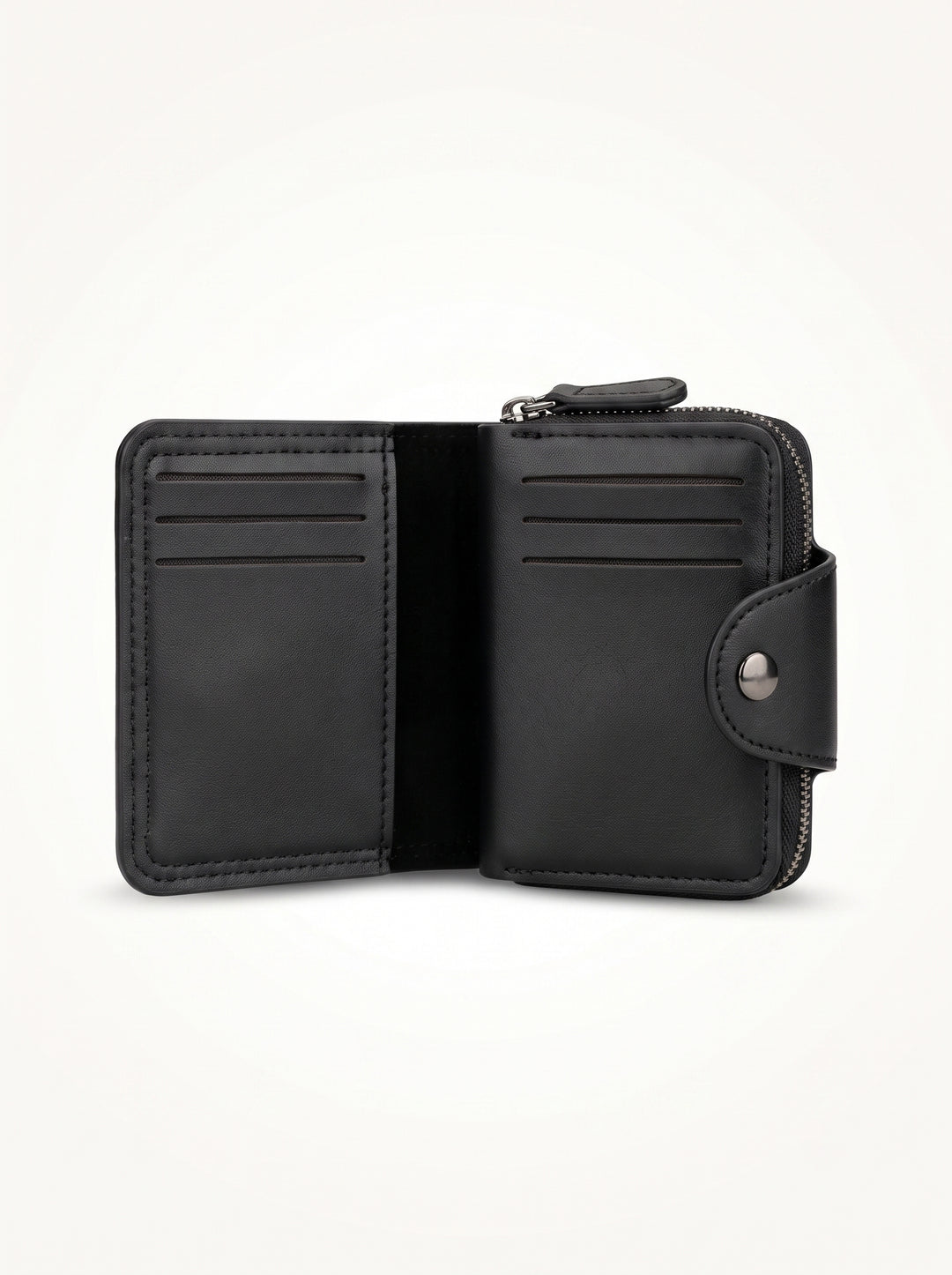 High-Capacity Hybrid Zip & Snap Leather Wallet – Classic Black