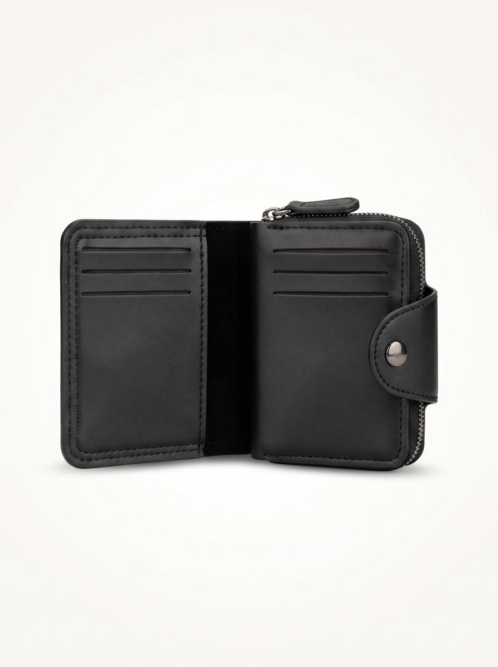 High-Capacity Hybrid Zip & Snap Leather Wallet – Classic Black