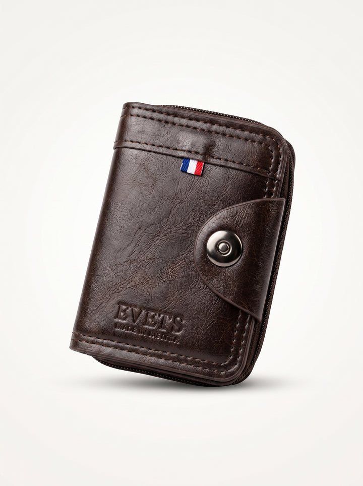 High-Capacity Hybrid Zip & Snap Leather Wallet – Classic Black
