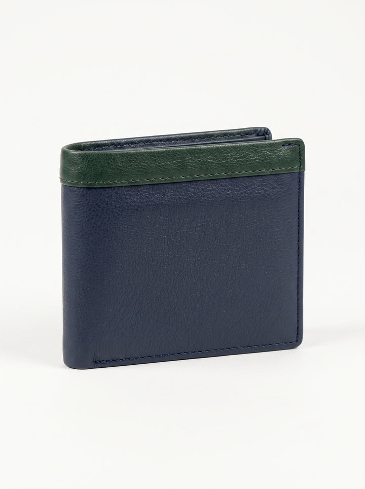 Two-Tone Genuine Leather Wallet with Zipper Coin Pocket - Brown & Navy Blue