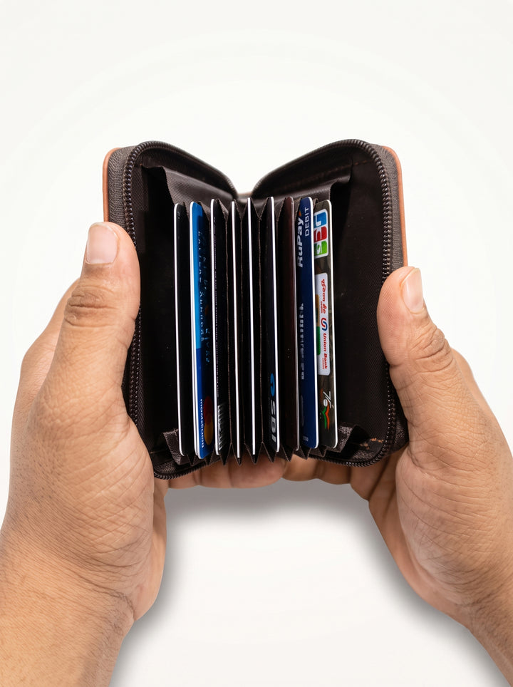 Coffee Brown Premium Tan Zip-Around Accordion Card Wallet | Secure & Compact