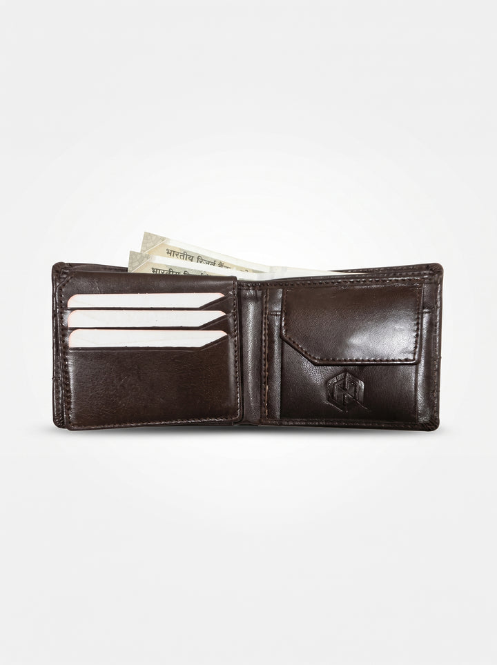 Classic Leather Bi-Fold Wallet with Coin Pouch – Dark Brown