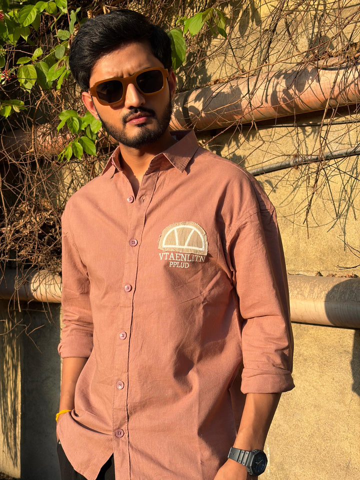 100% Linen Cotton Dusty Rose Embroidery Pattern Relax Fit Shirt