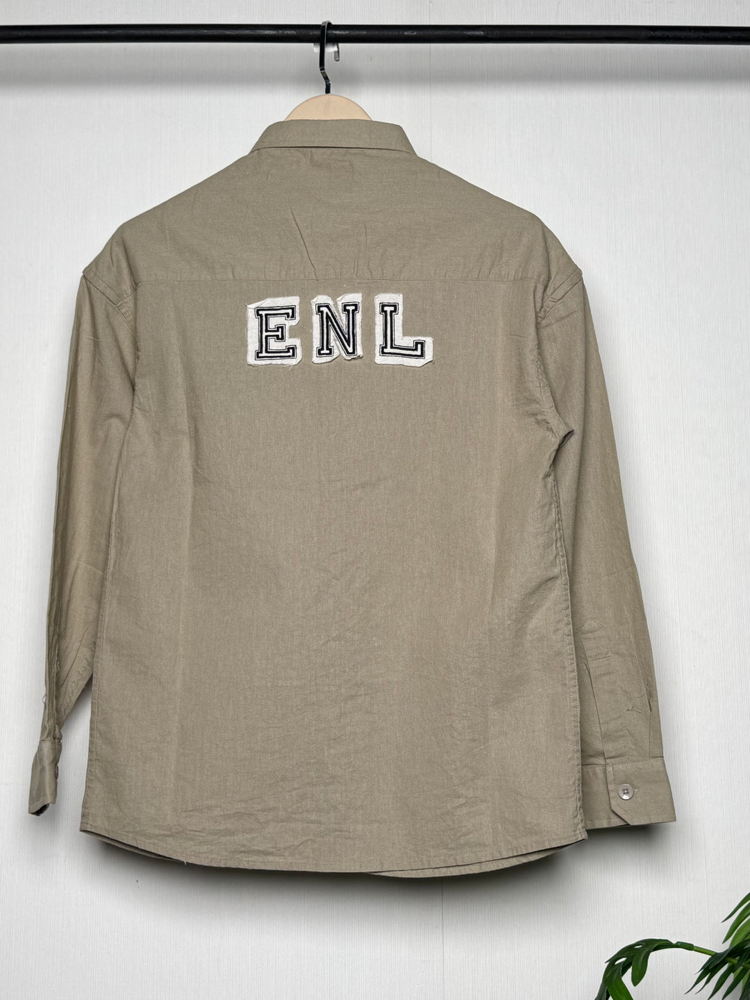 100% Linen Cotton Khaki Embroidery Pattern Relax Fit Shirt