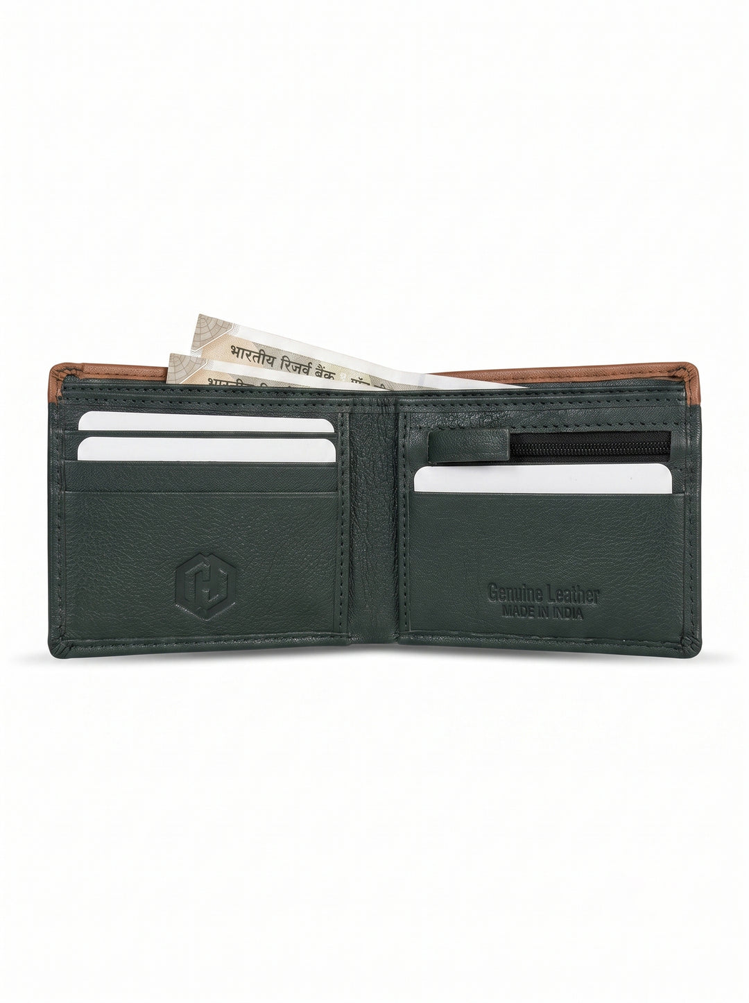 Two-Tone Genuine Leather Wallet with Zipper Coin Pocket - Brown & Navy Blue
