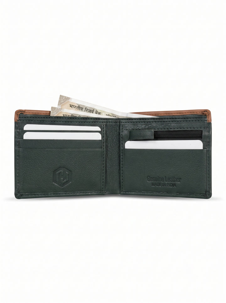 Two-Tone Genuine Leather Wallet with Zipper Coin Pocket - Brown & Navy Blue