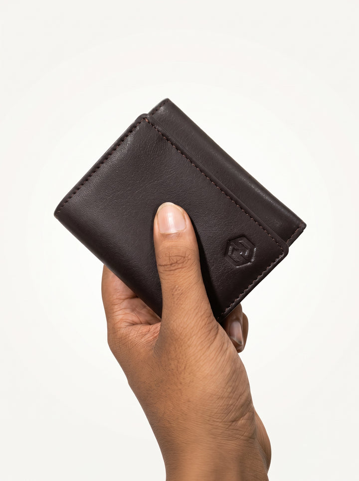 Premium Compact Leather Trifold Wallet – Brown