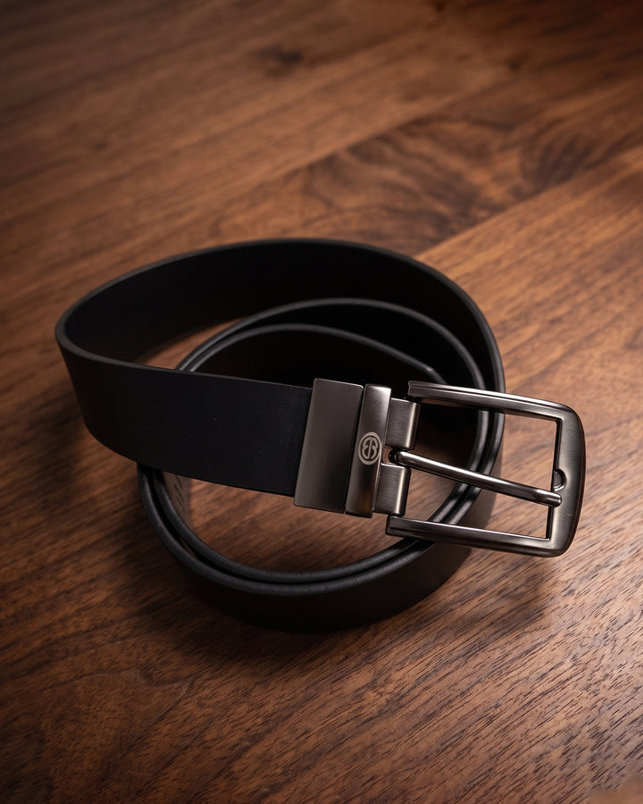 Premium Smooth Black Leather Dress Belt – Gunmetal Buckle