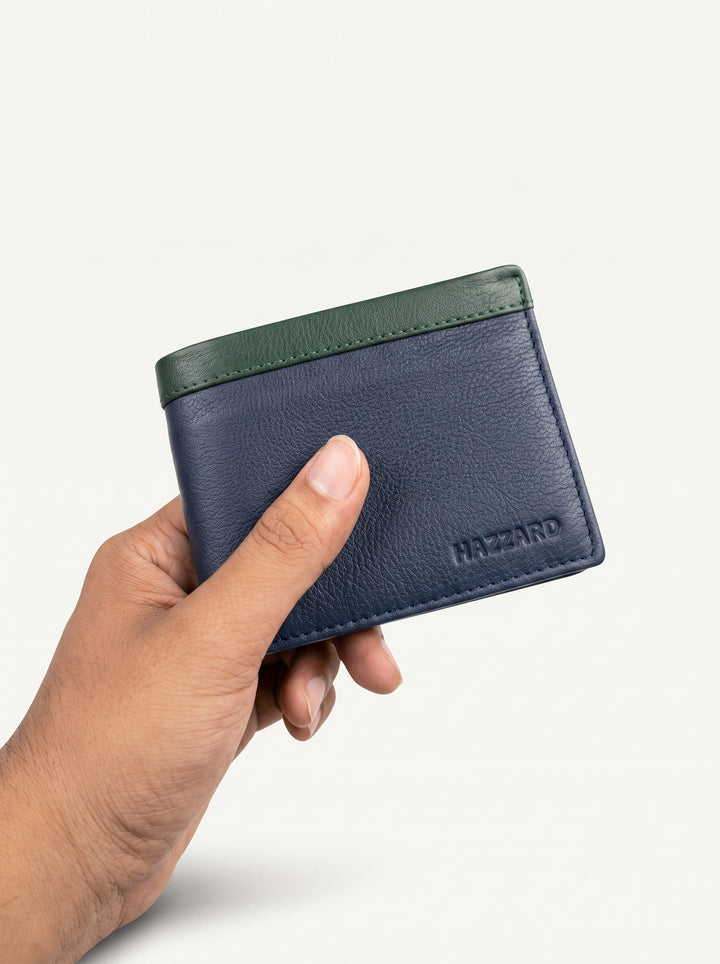 Two-Tone Genuine Leather Wallet with Zipper Coin Pocket - Brown & Navy Blue