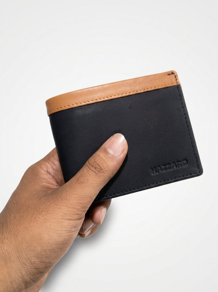 Two-Tone Genuine Leather Wallet with Zipper Coin Pocket - Brown & Navy Blue