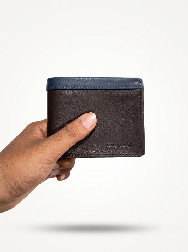 Two-Tone Genuine Leather Wallet with Zipper Coin Pocket - Brown & Navy Blue