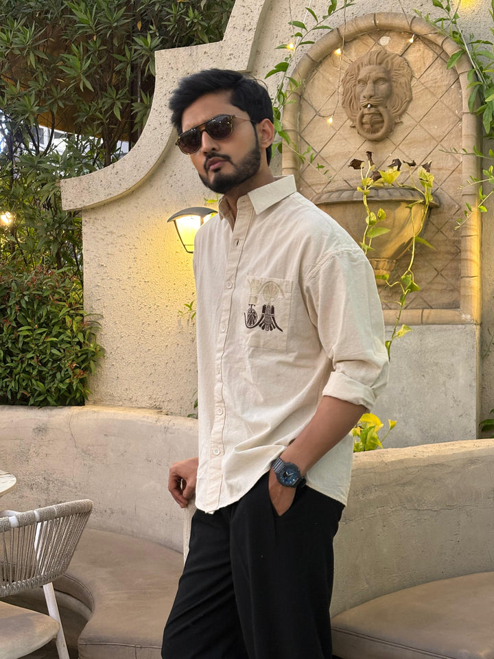 100% Linen Cotton Beige Egyptian Embroidery Relax Fit Shirt