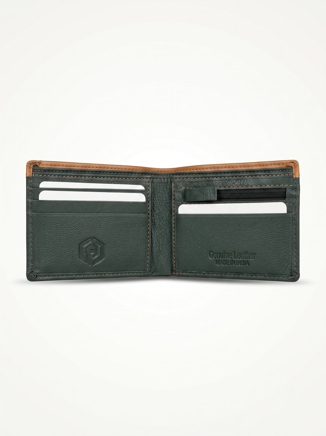 Two-Tone Genuine Leather Wallet with Zipper Coin Pocket - Brown & Navy Blue