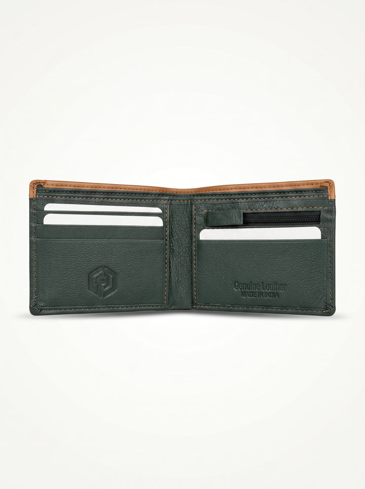 Two-Tone Genuine Leather Wallet with Zipper Coin Pocket - Brown & Navy Blue