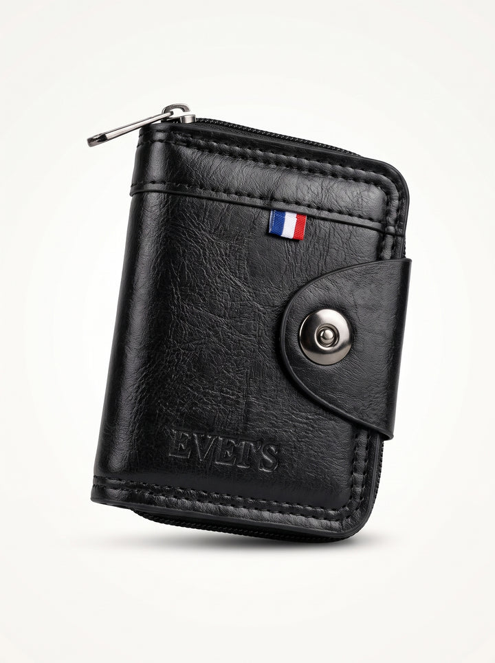 High-Capacity Hybrid Zip & Snap Leather Wallet – Classic Black