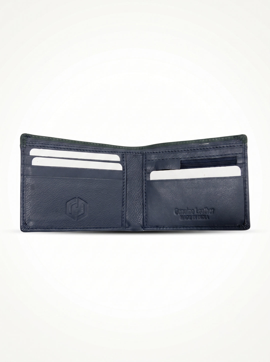 Two-Tone Genuine Leather Wallet with Zipper Coin Pocket - Brown & Navy Blue