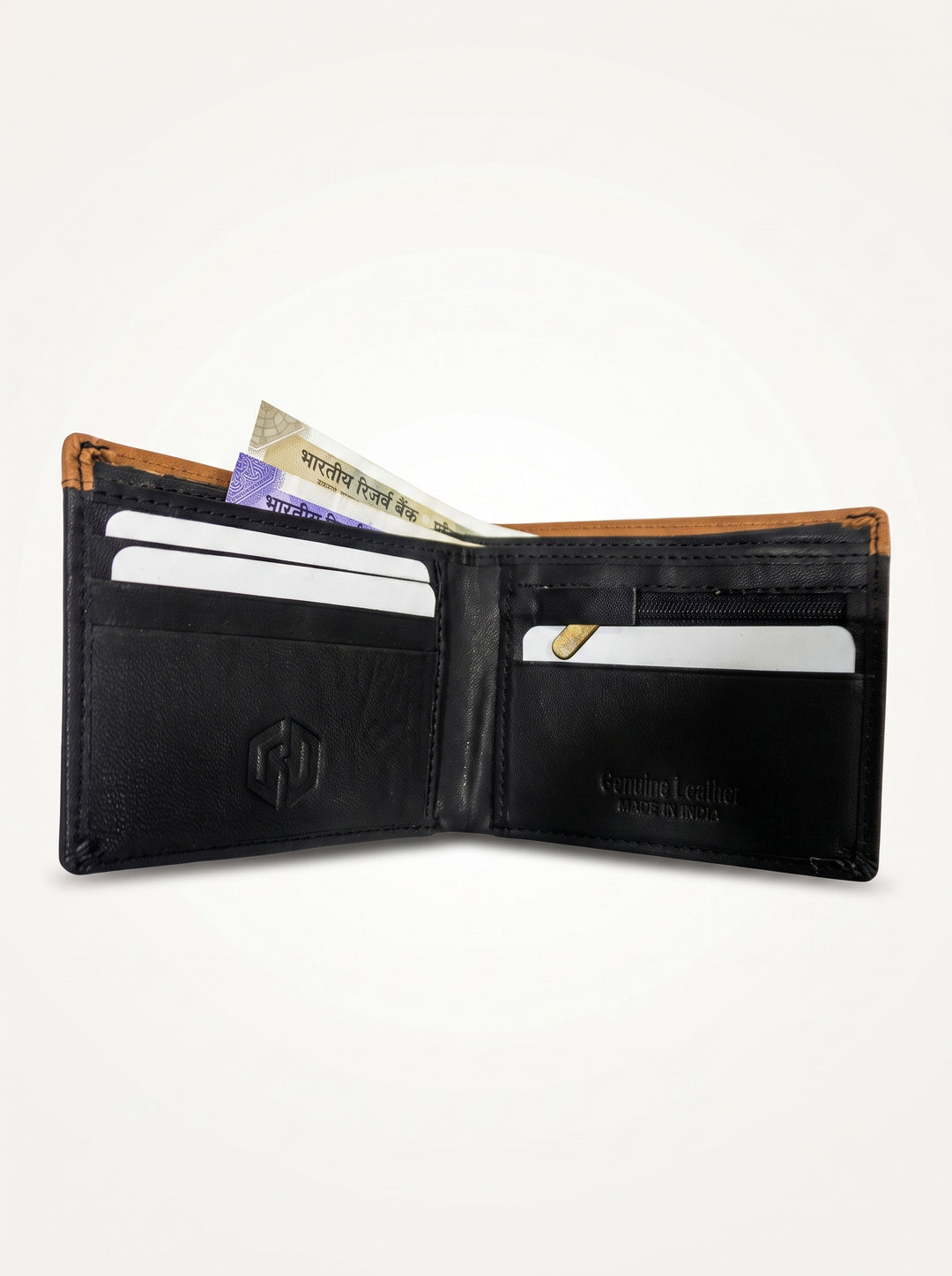 Two-Tone Genuine Leather Wallet with Zipper Coin Pocket - Brown & Navy Blue