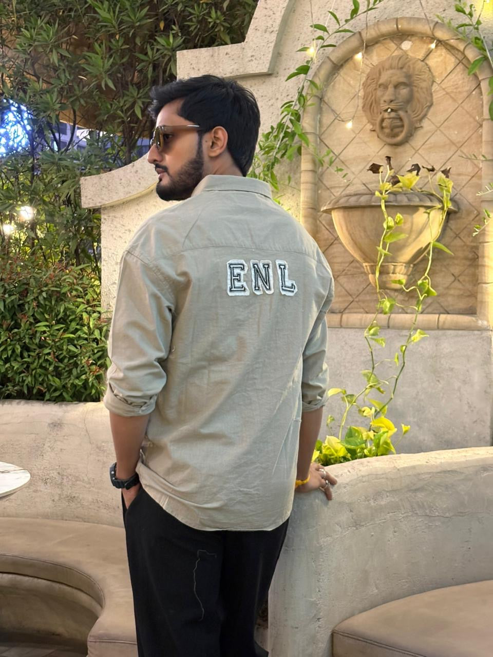 100% Linen Cotton Khaki Embroidery Pattern Relax Fit Shirt