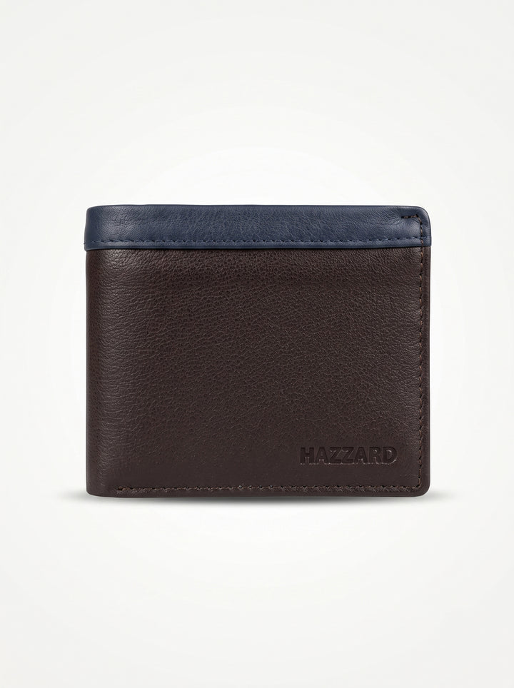 Two-Tone Genuine Leather Wallet with Zipper Coin Pocket - Brown & Navy Blue